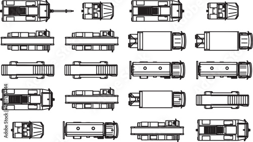 Fleet of Transport Trucks in overhead view, showcasing a variety of cargo vehicles. A comprehensive collection in transportation.