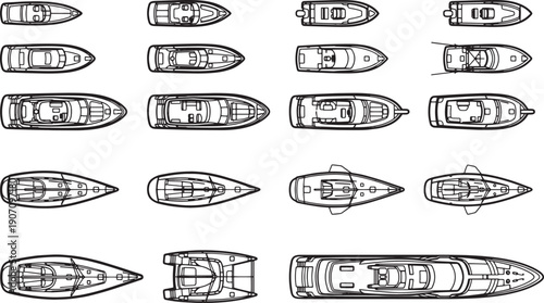 Variety of stylized boat top view in a monochrome illustration, ideal for design project or nautical concept.