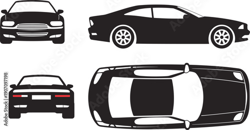 Black car silhouette set showing front side rear and top views isolated on white background automotive design vector illustration collection