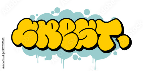 Crest graffiti throw up bubble letter design. Yellow and blue street art illustration with dripping paint effect for urban apparel and community branding. High quality vector.