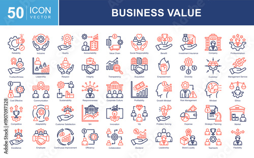 Business Value icon pack featuring leadership,trust,growth,innovation,sustainability,teamwork,finance,strategy,and customer success for modern business design needs.
