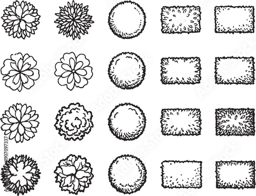 Architectural sketches: Overhead views of assorted plant life, ideal for garden design or landscape planning, create a detailed illustration of natural elements.