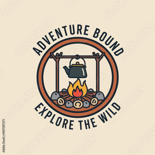 Camping Emblem with Kettle and Flame.