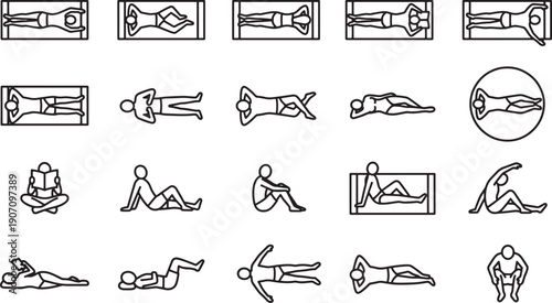 Collection of simple monochrome illustrations depicts a variety of people, each engaging in different poses that convey relaxation. Ideal for conveying ideas of ease, leisure and wellness.