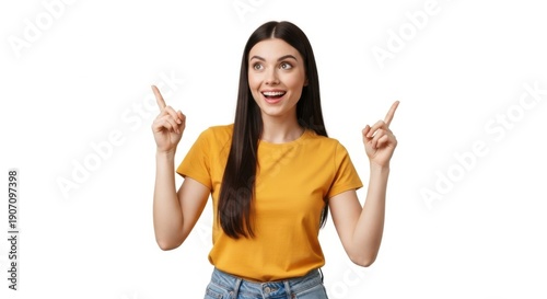 Young woman pointing up with both hands isolated on white background