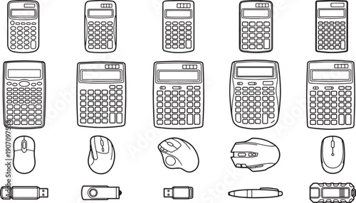 A series of meticulously drawn calculators, mice, pen, and a memory stick, arranged neatly against a plain background.