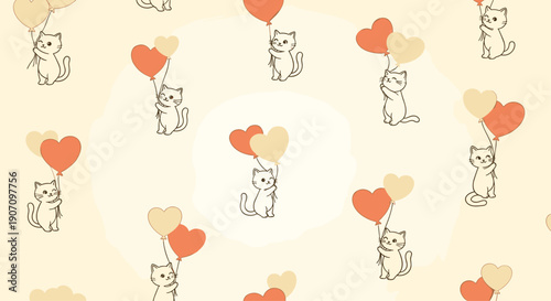 Adorable seamless pattern with small white cats holding heart shaped balloons on a warm cream background for romantic or cute themes.