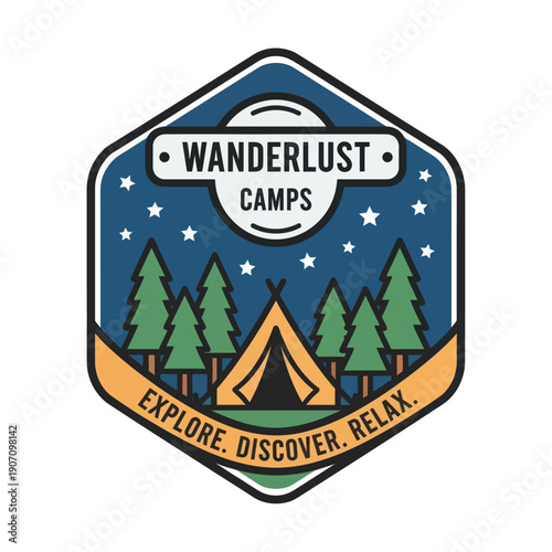 Camping Logo with Tent and Trees.