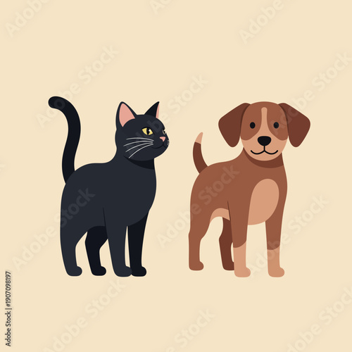 Adorable black cat and brown dog standing together.