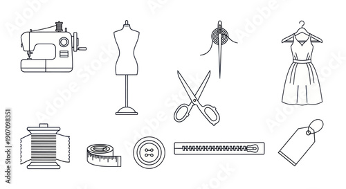 Sewing Tools & Fashion Design Icons: Sewing Machine, Dress Form, Scissors, Zipper