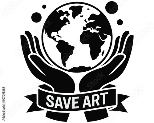 Hands holding planet Earth with save art banner.