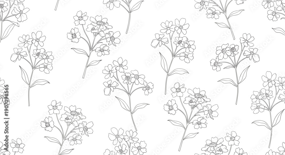 Fototapeta premium Delicate black and white seamless pattern with hand drawn floral sketches of small flowers and leaves on a clean white background.