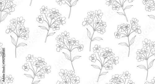 Delicate black and white seamless pattern with hand drawn floral sketches of small flowers and leaves on a clean white background.