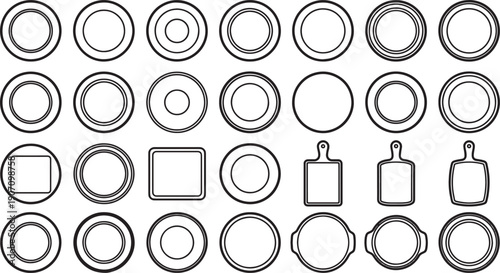 Collection of minimalist line art of various tableware elements, meticulously arranged and elegantly presented in a simple, sophisticated composition. 
