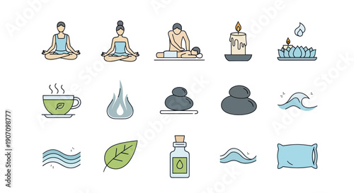 Spa and Wellness Icons Set: Yoga, Massage, Candle, Hot Stones, Tea