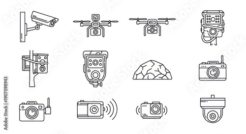 Surveillance Camera Icons: Drone, CCTV, Trail, Security, Technology Set