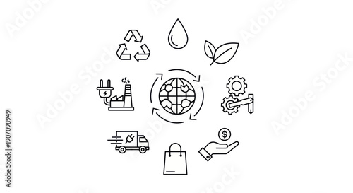 Sustainable Development Icons: Earth, Recycling, Industry, Energy, Logistics