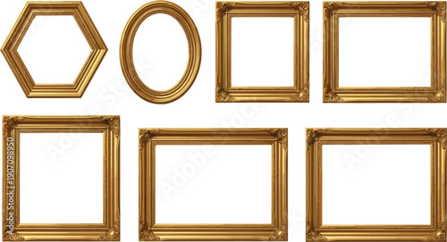 Elegant golden picture frames collection in various shapes and sizes isolated on white background for luxury decor and classic design projects