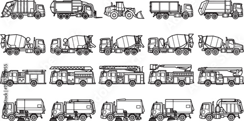 A detailed collection of various truck illustrations showcasing diverse vehicle types, perfect for conveying themes of transportation, industry, and infrastructure.