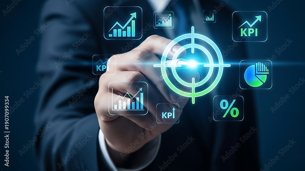 Fototapeta premium Businessman interacting with virtual data analysis graphs and charts on a digital interface in a professional setting with a suit