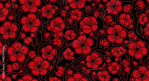Vibrant Red Plum Blossoms on Black Background Pattern CNY Chinese New year Pattern Prosperity chines