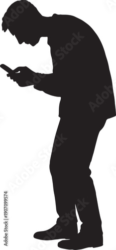 A man scrolling a phone and stand with bad posture in black and white silhouette vector with transparent background 