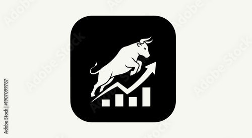 Simple flat vector app icon of bull market symbol, solid bull silhouette with upward chart arrow