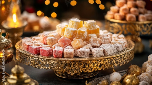 Assorted Turkish Delight Cubes On Ornate Tray