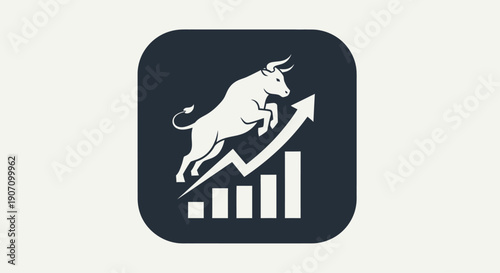 Simple flat vector app icon of bull market symbol, solid bull silhouette with upward chart arrow