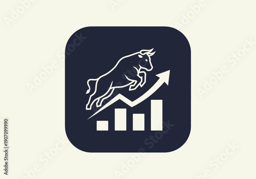 Simple flat vector app icon of bull market symbol, solid bull silhouette with upward chart arrow