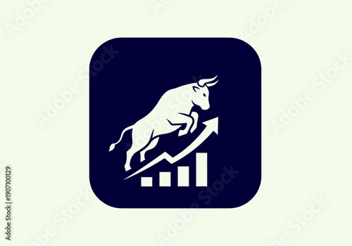 Simple flat vector app icon of bull market symbol, solid bull silhouette with upward chart arrow