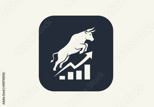 Simple flat vector app icon of bull market symbol, solid bull silhouette with upward chart arrow