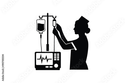 Nurse silhouette adjusting IV drip bag and medical monitor - Healthcare professional monitoring patient heart rate icon
