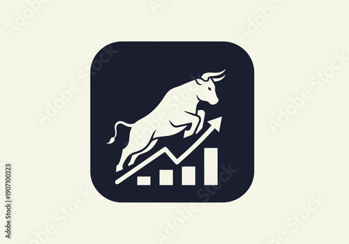 Simple flat vector app icon of bull market symbol, solid bull silhouette with upward chart arrow
