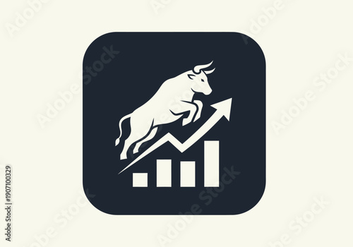 Simple flat vector app icon of bull market symbol, solid bull silhouette with upward chart arrow