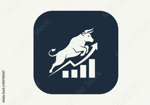 Simple flat vector app icon of bull market symbol, solid bull silhouette with upward chart arrow