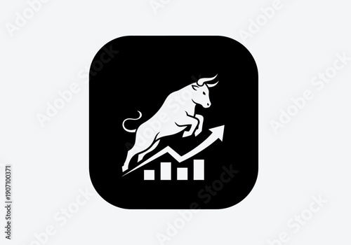 Simple flat vector app icon of bull market symbol, solid bull silhouette with upward chart arrow