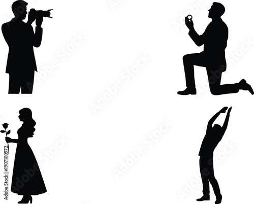 Romantic Proposal and Wedding Photography Silhouette Set, Man Proposing with Ring, Woman with Rose, Cameraman Vector Illustration Collection