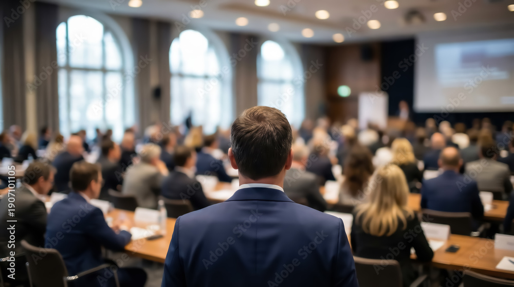 Fototapeta premium Professional speaker addressing a large audience at a business conference or seminar, seen from behind in an elegant meeting room