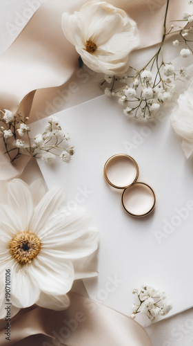 Wedding Rings on White Handmade Paper with Dried Flowers for Romantic Background