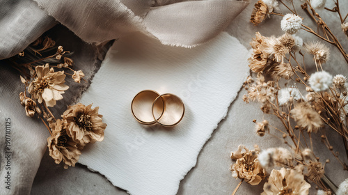 Wedding Rings on White Handmade Paper with Dried Flowers for Romantic Background