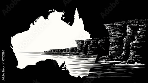 Black and white illustration depicts a landmass near cliffs and a body of water