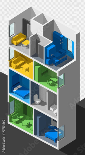 Multi-story building model with colorful rooms and furniture.