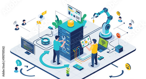 Futuristic technology concept with robotic arm and data processing.