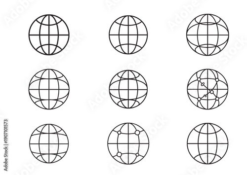 Globe Icon Set, Minimal Outline Vector Illustration