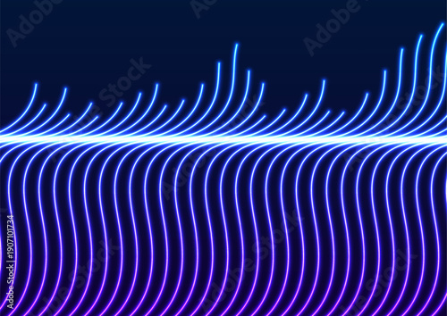 Blue and ultraviolet neon wavy lines abstract shiny retro background. Futuristic glowing vector design