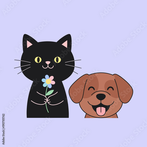A truly cute and charming illustration capturing the heartwarming friendship between a playful black cat holding a vibrant flower and its happy brown dog, radiating pure joy and companionship