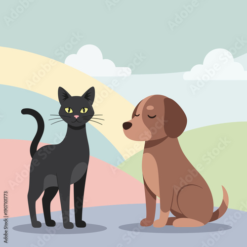 A charming and cute illustration showcasing a friendly black cat and a loyal brown dog sitting together outdoors on a sunny day, representing companionship and domestic pets and an adorable scene