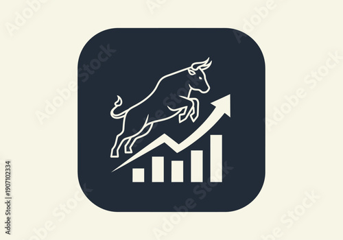 Simple flat vector app icon of bull market symbol, solid bull silhouette with upward chart arrow