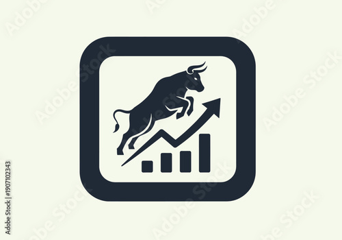 Simple flat vector app icon of bull market symbol, solid bull silhouette with upward chart arrow